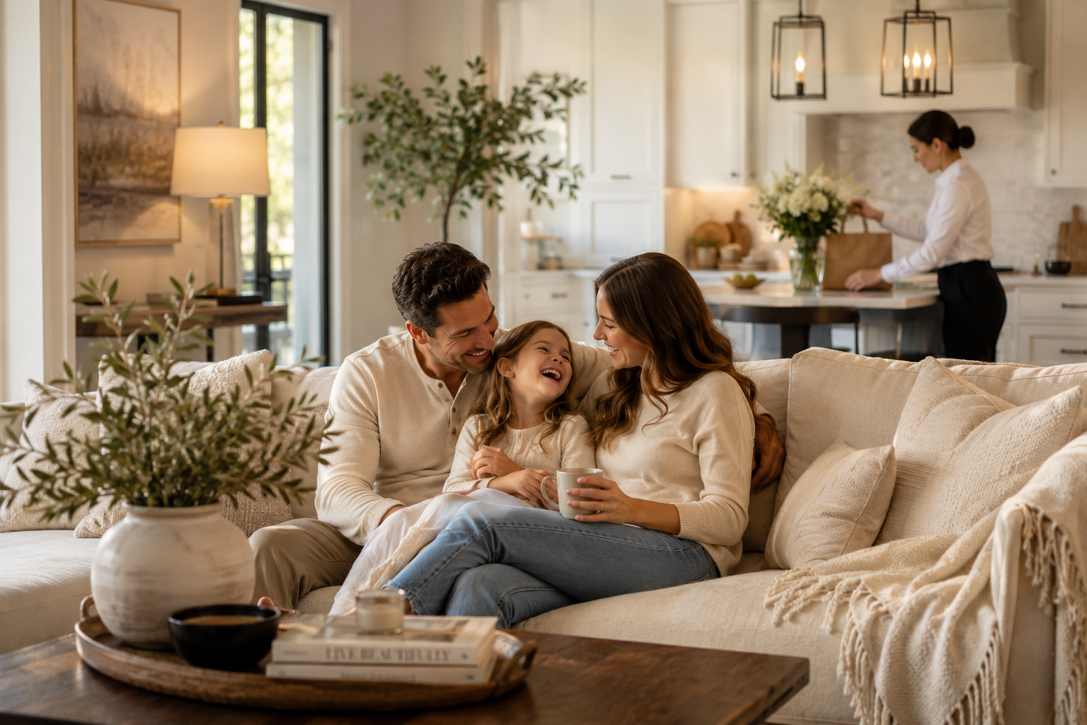 A family relaxing together in a warm, well-kept living room while a concierge prepares flowers in the background